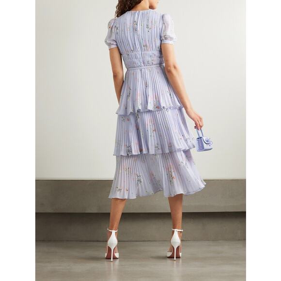 SELF-PORTRAIT‎ Belted pleated Floral Print Chiffon Midi Dress Size 12 NWT - Picture 6 of 12